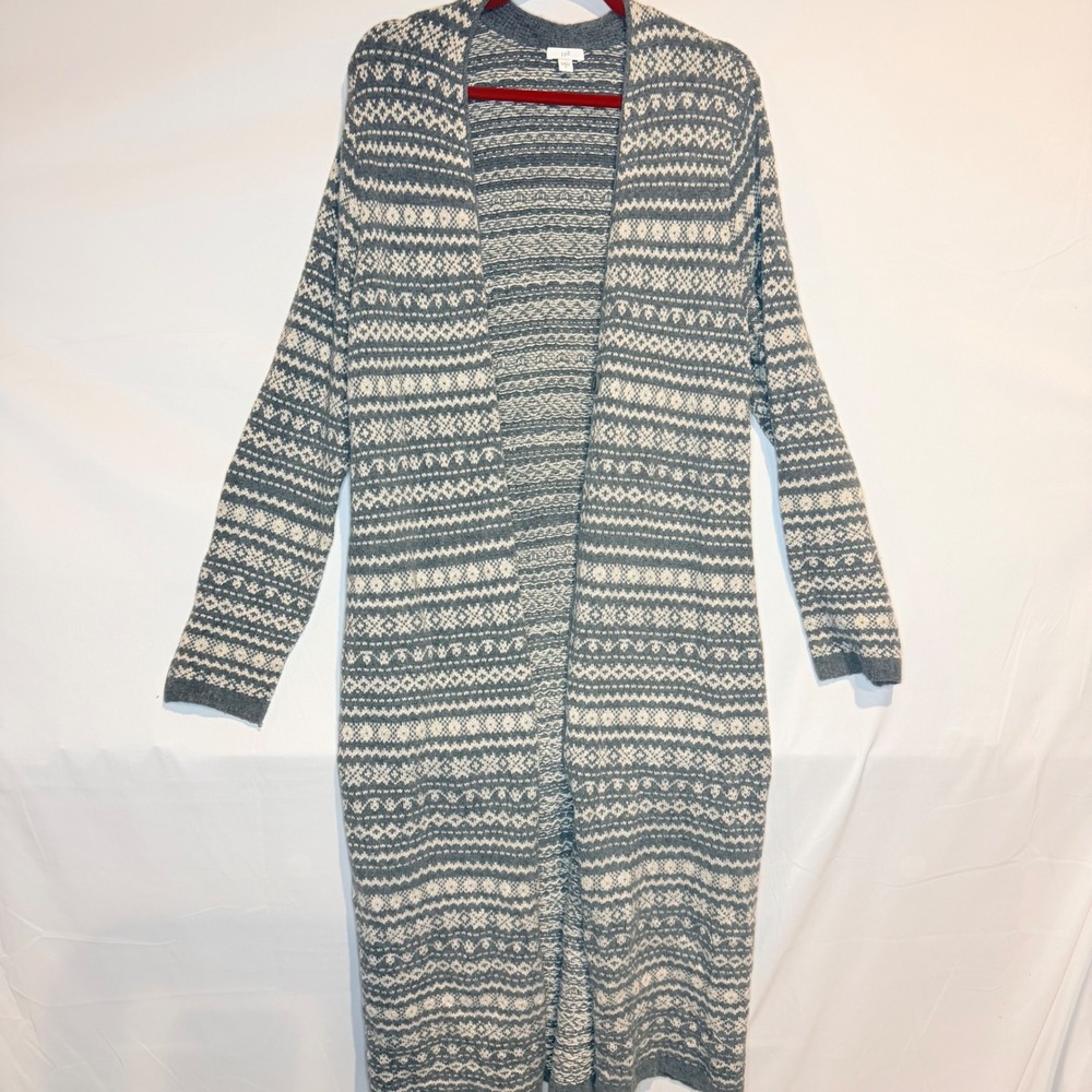 J. Jill Grey Fair Isle Longline Duster Cardigan Sweater Size M Single Button
